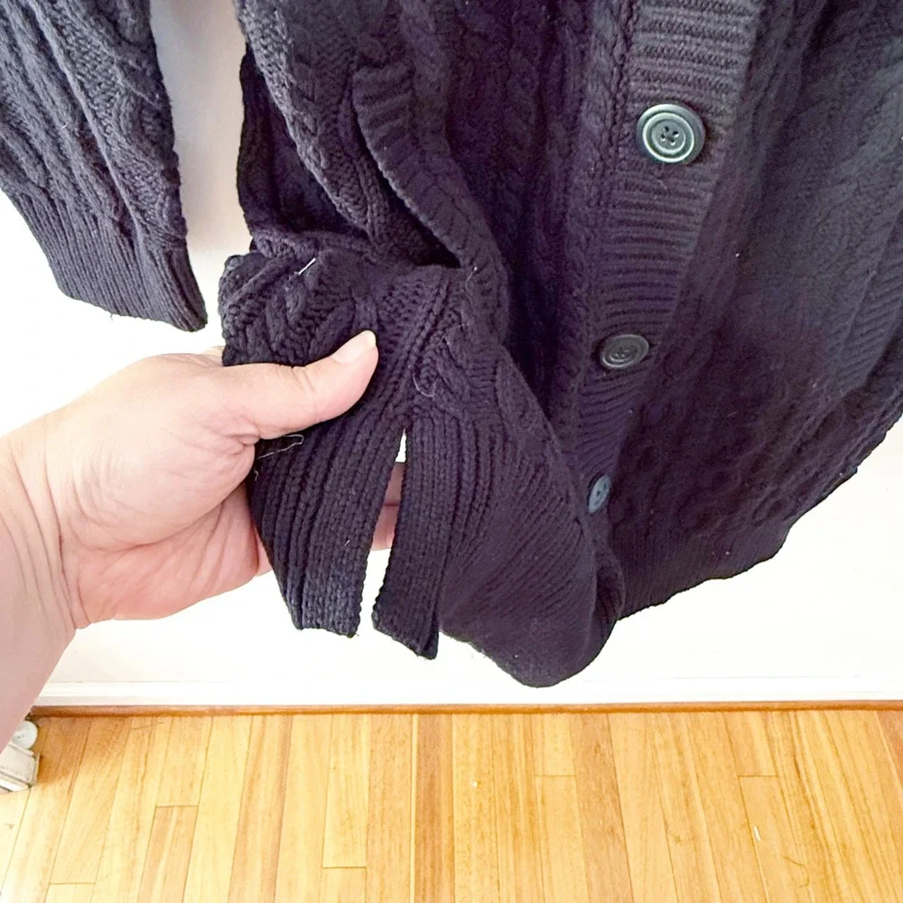 Denim & Co Cardigan Sweater Womens Medium Black Cable Knit Longline Fisherman